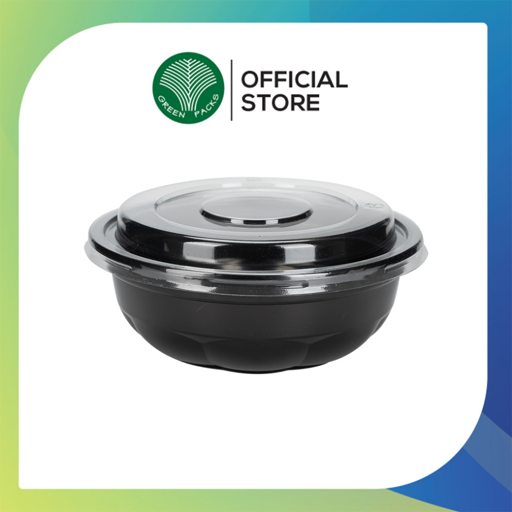[ยกลัง] ชุดชามพลาสติก เข้าไมโครเวฟ 300 ชุด สีดำ 750ml พร้อมฝาใสชามซากุระ ราคาโรงงาน Greenpacks