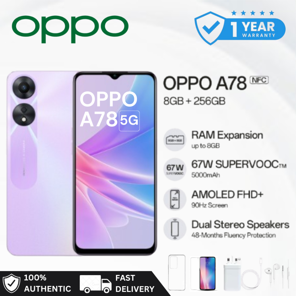 (8+256) มือถือ OPPO A78 5G 5000mAh ชาร์จเร็ว แบตเตอรี่ขนาดใหญ่ 67W SUPERVOOC [ประกันศูนย์ 1 ปี]