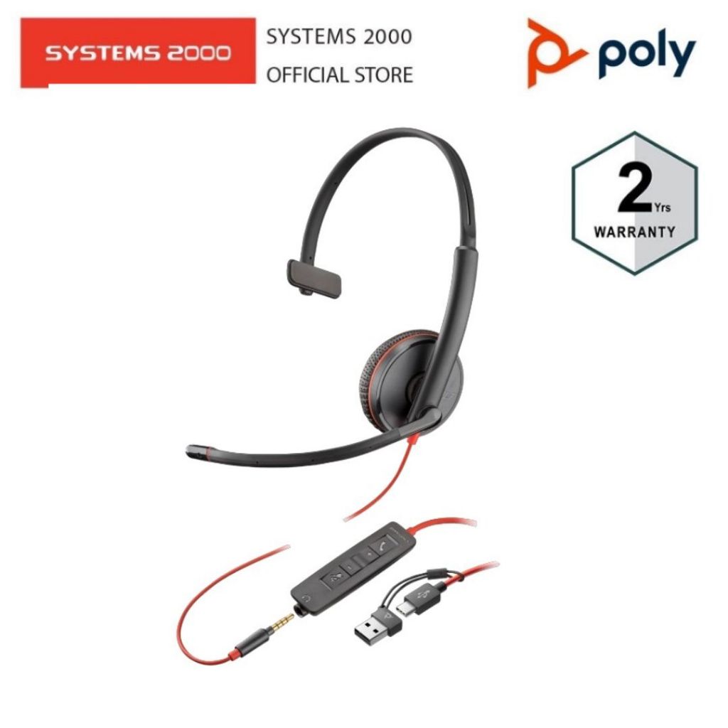 PLANTRONICS หูฟังแบบมีสาย หูฟังคอลเซ็นเตอร์ Blackwire 3215 USB-C Headset +3.5mm Plug +USB-C/A Adapter