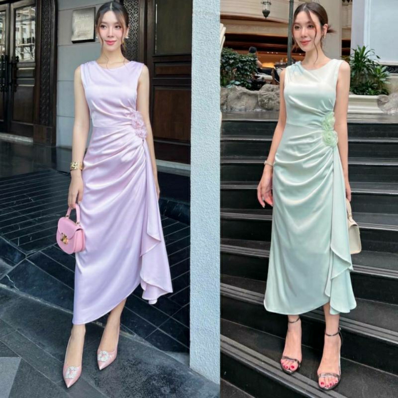 (S-XL)Shimmer พร้อมส่งนางแบบใส่งานจริงชุดเดรสดีไซน์สวยใส่ออกงานช่วงเอวจับจีบแต่งชายระบายปล่อยข้างและดอกไม้สวยหรู มีซับใน