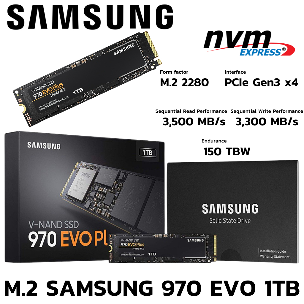 M.2 1 TB SSD (เอสเอสดี) SAMSUNG 970 EVO PLUS PCIe/NVMe 2280 (MZ-V7S1T0BW)