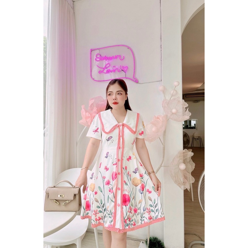 (s-3xl) เดรสสั้น คอปก ลายผีเสื้อ ทิวลิป งานป้าย ผ้าดีมากๆ