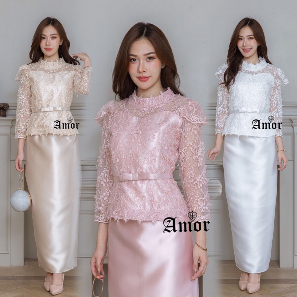 4สี ชุดไทยประยุกต์ใส่ทำบุญ เสื้อลูกไม้+กระโปรง สีชมพู/โรสโกลด์/ครีมทอง/ขาว M-4XL