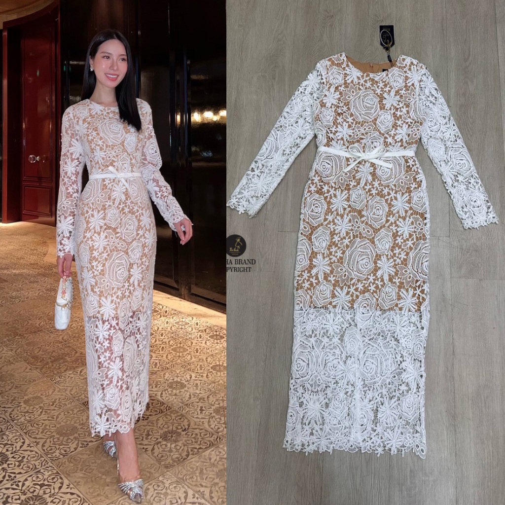 S,XXL ชุดเดรสยาวลูกไม้ ตัดซับในสีเนื้อ ทอลายสวย แขนยาว