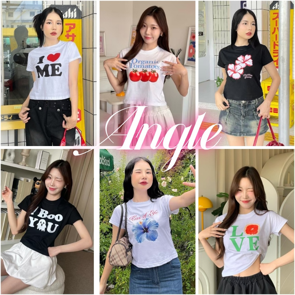 (จัดส่งตลอด 24 ชั่วโมง）Angle เสื้อยืดแขนสั้นทรงสลิมเกาหลี ท็อปส์ซูผ้าฝ้าย พิมพ์ลายหัวใจรักต่างๆ