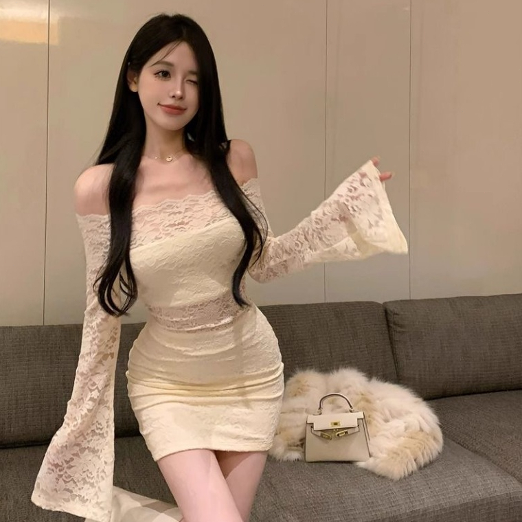 Veewink พร้อมส่งจากกทม ชุดเดรสเปิดไหล่ คอแบน ลูกไม้ ลายดอกไม้ สไตล์ใหม่ สุดเซ็กซี่ เหมาะกับฤดูใบไม้ร่วง