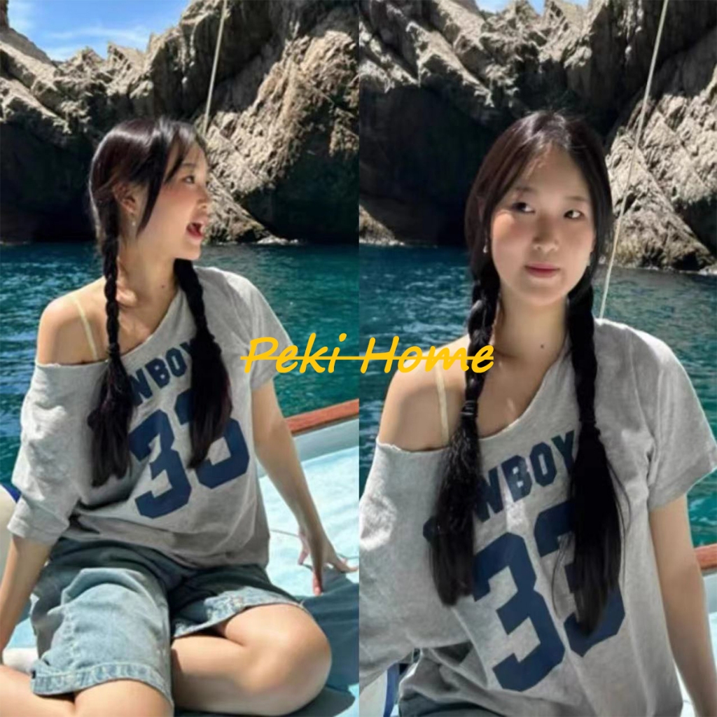 เสื้อยืดแขนสั้นไหล่เฉียงสีเทาสไตล์อเมริกัน