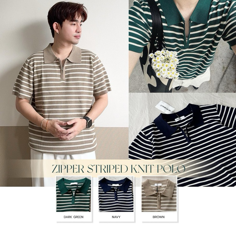 ZIPPER STRIPED KNIT POLO - เสื้อโปโลซิปลายขวาง