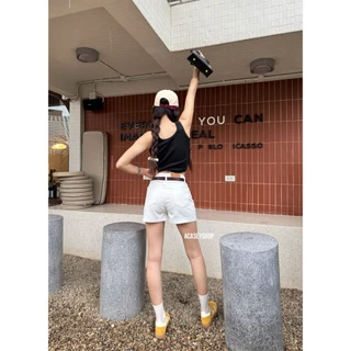 Acasey กางเกงยีนส์ผู้หญิง ขาสั้น ผ้ายีนส์ไม่ยืด ป้าย vintage ใส่สบาย ไซส์ S - XL รุ่น vintage Short
