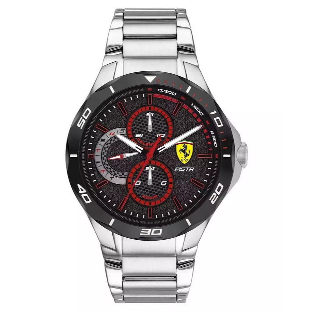 นาฬิกา FERRARI MEN'S 0830726 SCUDERIA PISTA QUARTZ MULTIFUNCTION BLAKC DIAL STAINLESS STEEL WATCH 44