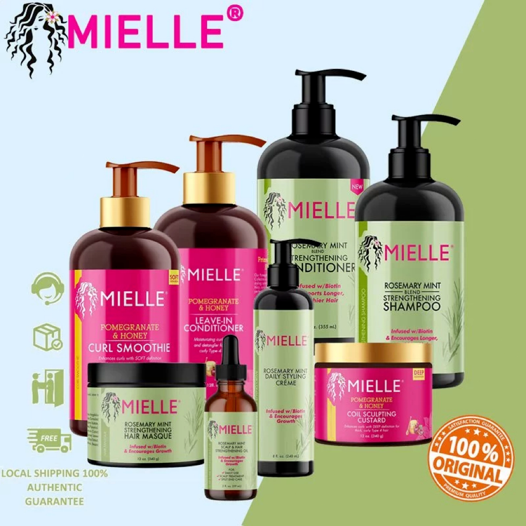 MIELLE Rosemary Mint Strengthening Shampoo 355ml, Masque 340ml, Scalp & Hair oil 59 ml.