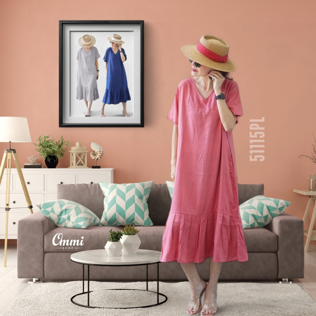 Ommishop 51115PL แม็กซี่เดรส Cotton ลินิน คอวีแขนสั้น แต่งชายระบาย (Bonus)