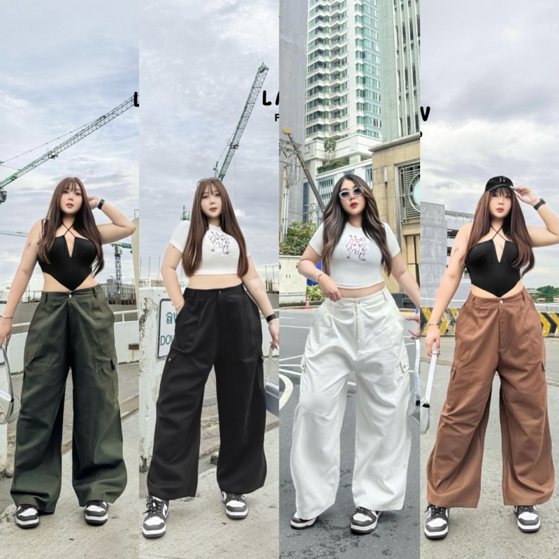 (LC) กางเกงขายาวคาโก้รุ่นใหม่ กระเป๋าข้างแต่งกระดุม เอวสูง เนื้อผ้าคัลตอนกึ่งยีนส์ ทรงสวยมากขอบอก ไซส์ใหญ่ ราคา ถูกที่สุด ดีลบีเคเค