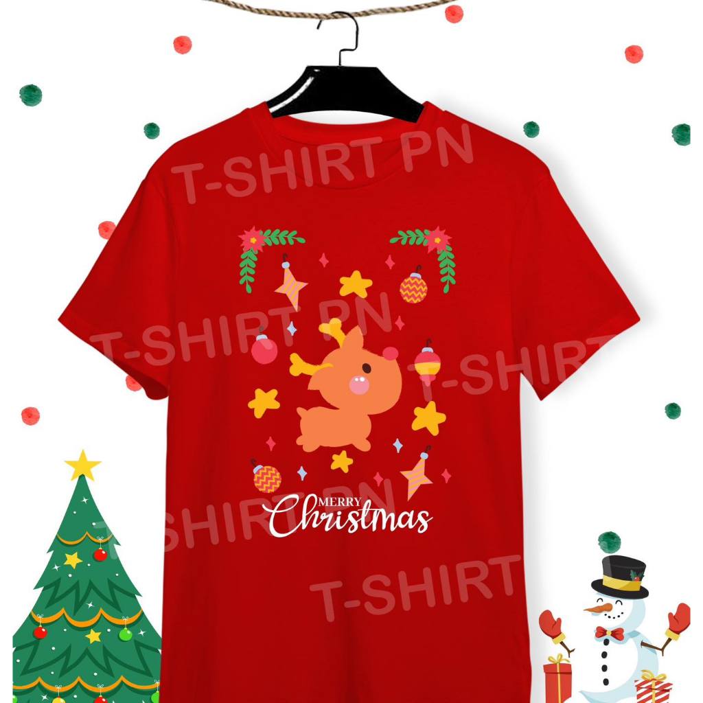 เสื้อคริสต์มาส เสื้อปีใหม่ Merry Christmas & Happy New Year "น้องกวางส้ม" ผ้าคอตตอน งานDFT ลายสกรีนเรียบเนียน