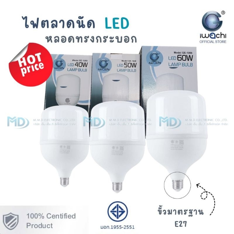 Iwachi หลอดไฟ หลอด Blub LED ทรงกระบอก ไฟตลาดนัด หลอดจัมโบ้ ขั้ว E27 ขนาด 40 วัตต์ 50 วัตต์ 60วัตต์