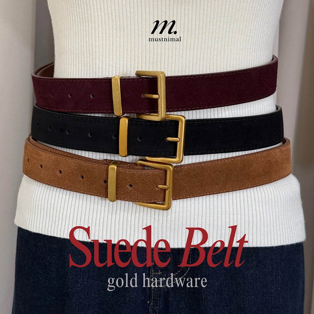 (ส่งวันจันทร์&อังคาร23-24ธคทุกออเดอร์) MUSTNIMAL | Suede gold belt V2 เข็มขัดหนังกลับหัวอะไหล่ทอง V2