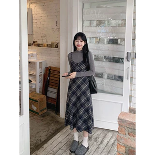 Styles_Unnie 🧸☃️ (C261) 𝑵𝒂𝒐𝒎𝒊 𝑫𝒓𝒆𝒔𝒔 🍊🌷 เสื้อคอปีนระบายสีพื้น / เดรสสายเดี่ยวทรงยาว ลายสก็อต พร้อมส่ง 2 สี