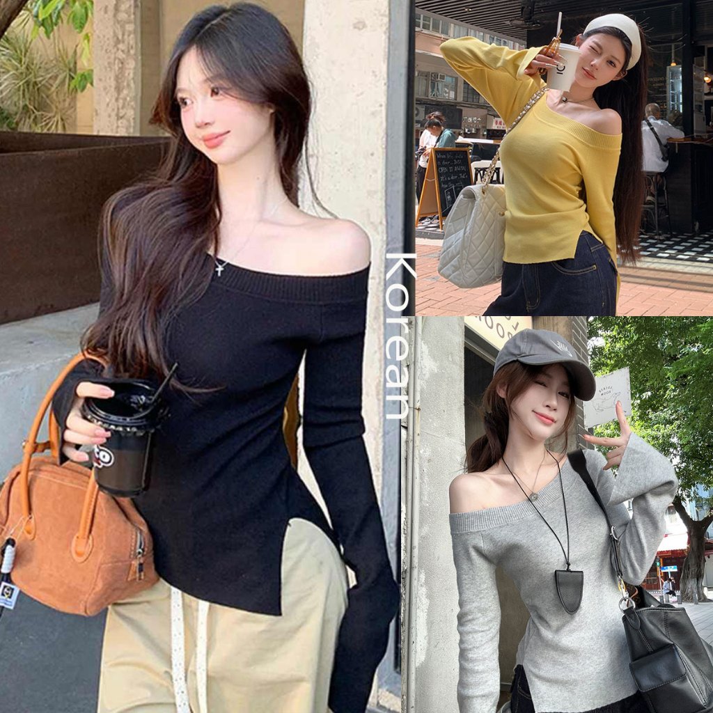 Dahong  A192 เกาหลีขี้เกียจร้อนผูกไหล่เอียงหลวมผิดปกติเสื้อแขนยาว  เสื้อไหมพรมแขนยาว  สไตล์เกาหลี สไตล์ใหม่
