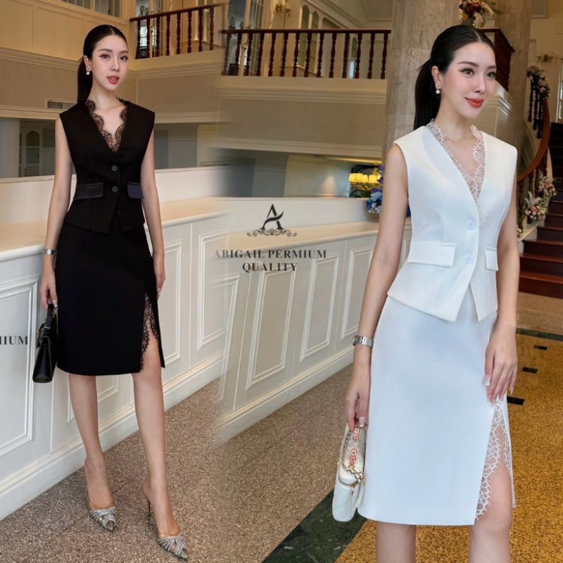 ชุดเซตสีดำเรียบหรู!!! S-XL Set2ชิ้น เสื้อสีขาวแขนกุดกระดุมหน้าแต่งลูกไม้+กระโปรงเข้ารูปผ่าหน้า งานป้าย