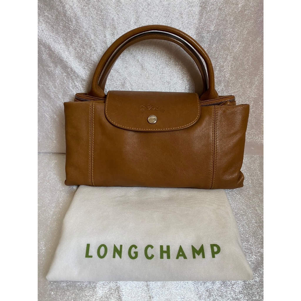 กระเป๋าหนังแกะ Longchamp Le Pliage Cuir Handbag  แท้ ; สี Caramel / มือ 2 (ขนาดใหญ่ XL) ป้าย King Po