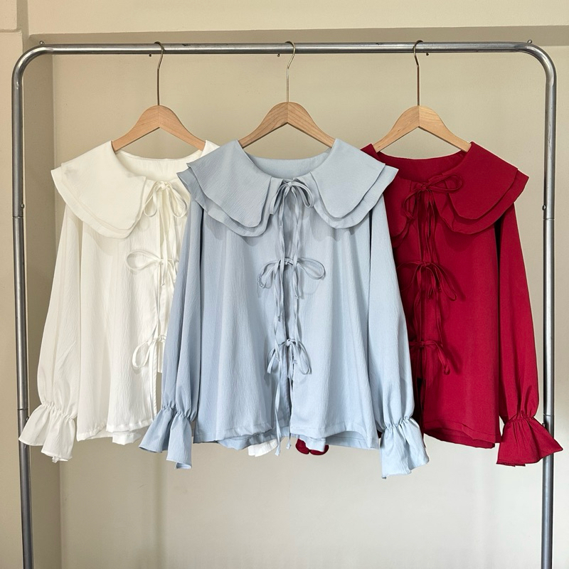 เสื้อคอกลมแขนยาว ทรงโอเวอร์ไซส์ ดีเทลคอปกสองชั้นผูกโบว์หน้า อก30-50 นิ้ว สไตล์คุณหนูคุณใจ