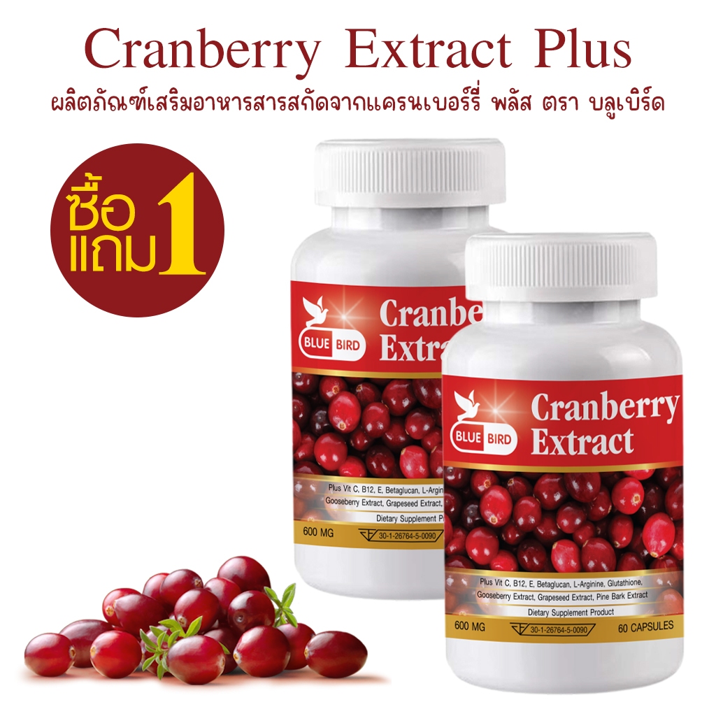 [1แถม1] Cranberry Extract Plus สารสกัดจากแครนเบอร์รี่ พลัส ตรา บลูเบิร์ด 600 มก. 60 แคปซูล
