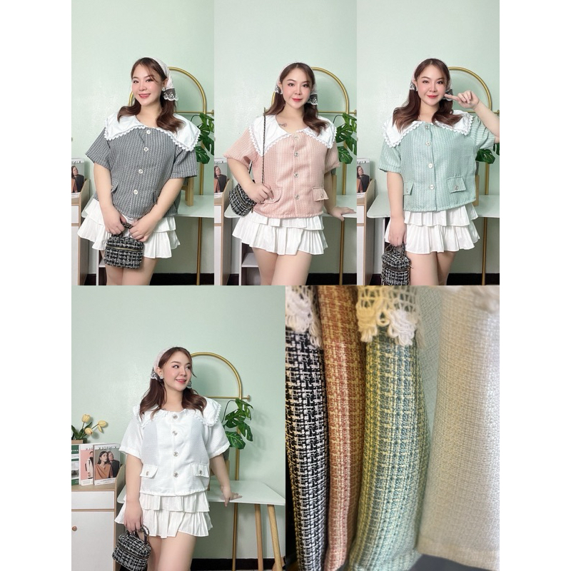 เสื้อคอปกแต่งลูกไม้ผ้าทวิต งานน่ารัก งานกระดุม แต่งกระเป๋า แขนปล่อย รอบอก 44-50 นิ้ว