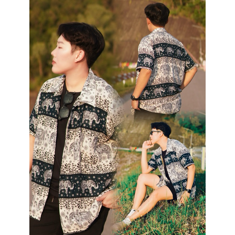 เสื้อลายช้างไทย เสื้อเชิร์ต ฮาวาย ลายช้างไทย ผ้าเรยอนบางเบา ใส่สบายผ้าสปันไทย ส่งจากเชียงใหม่