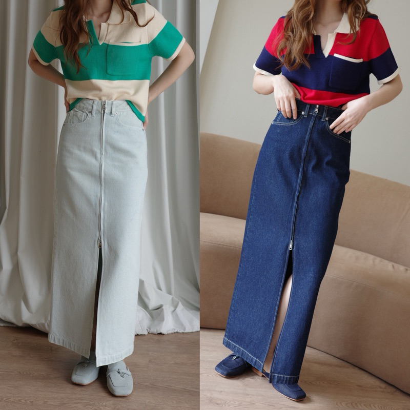 urban apparels | lay zippy denim skirt กระโปรงยีนส์ยาวผ้าญี่ปุ่นดีเทลซิปหน้า