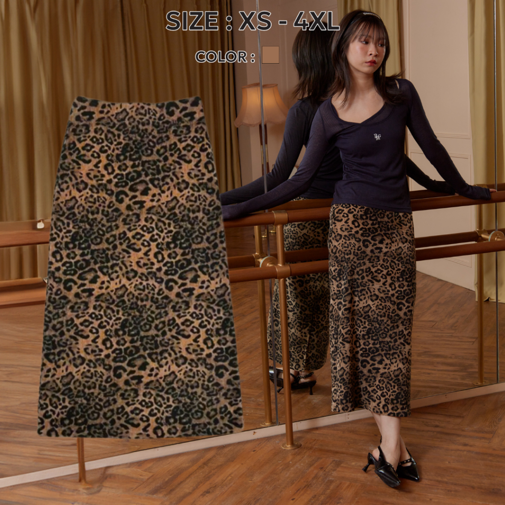 Bemingskirt032(XS-4XL) - Leopard luxe skirt กระโปรงยาวผ่าหลัง ลายเสือ ผ้าใส่สบาย ยืดหยุ่นเล็กน้อย