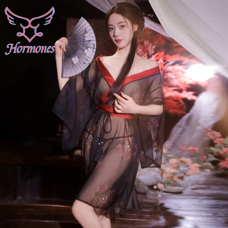 Hormones 💞💞 ชุดกิโมโน คอวีลึก ชุดนอนซีทรู สีดำ การพิมพ์ ใส่สบาย พร้อมส่งจากไทย
