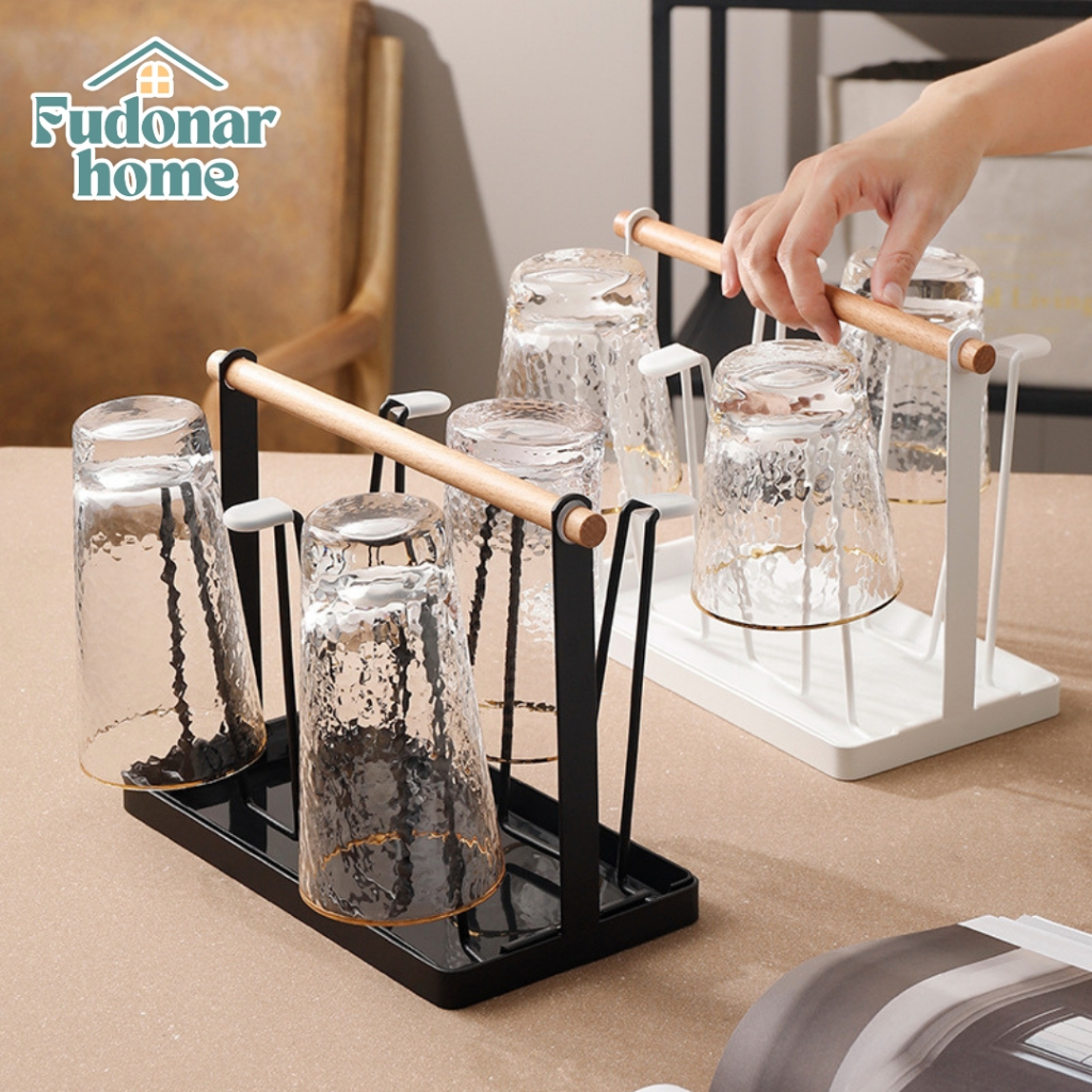 Fudonar ที่วางแก้ว คว่ำแก้ว ด้ามจับไม้ มีฐานรองน้ำ วางได้ 6 แก้ว พร้อมยางซิลิโคน