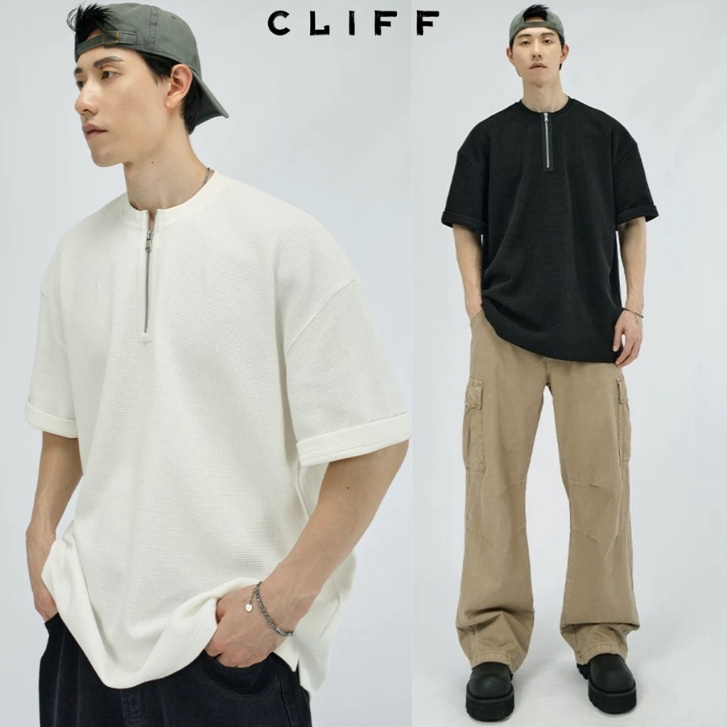 CLIFF เสื้อยืดผู้ชาย แขนสั้น วาฟเฟิล ปลอกคอครึ่งซิป สีทึบธรรมดา มากเกินไป แฟชั่น