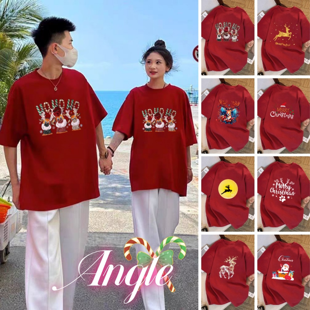 (จัดส่งตลอด 24 ชั่วโมง）Angle Officialเสื้อยืดแขนสั้นสีแดงสำหรับผู้หญิงปี 2024 ใหม่หลวมคอกลมด้านในคริสต์มาส