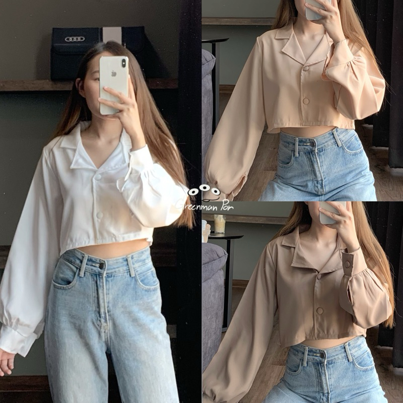 Button Top - เสื้อครอปเชิ้ตแขนยาว แต่งกระดุมปั๊ม
