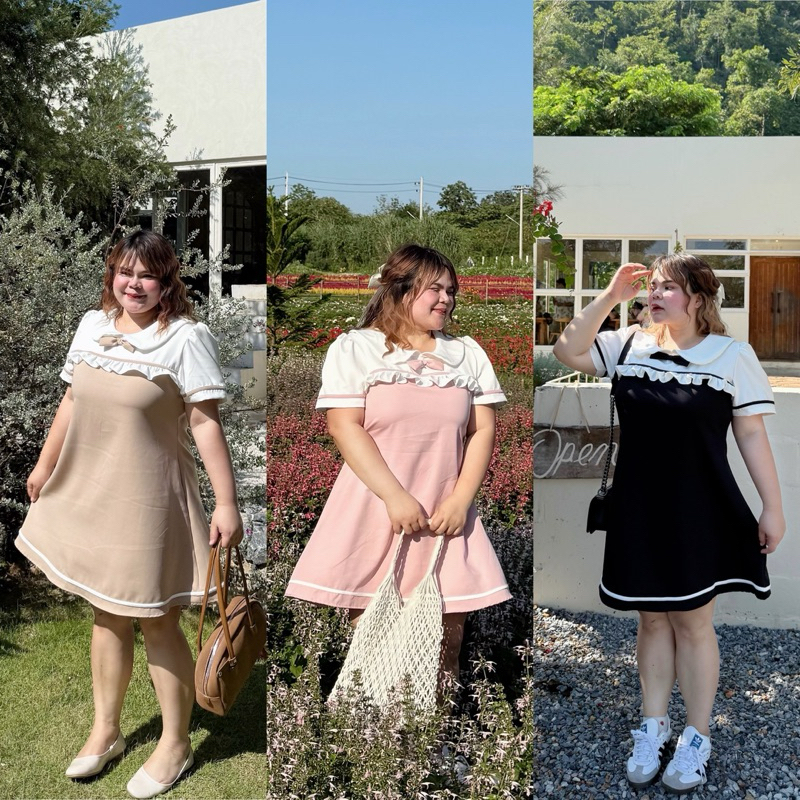 /LD/ เดรสสาวอวบ เดรสคอบัวแขนตุ๊กตา แต่งโบว์และระบาย #เสื้อผ้าไซส์ใหญ่ สาวอวบอ้วน พลัสไซส์