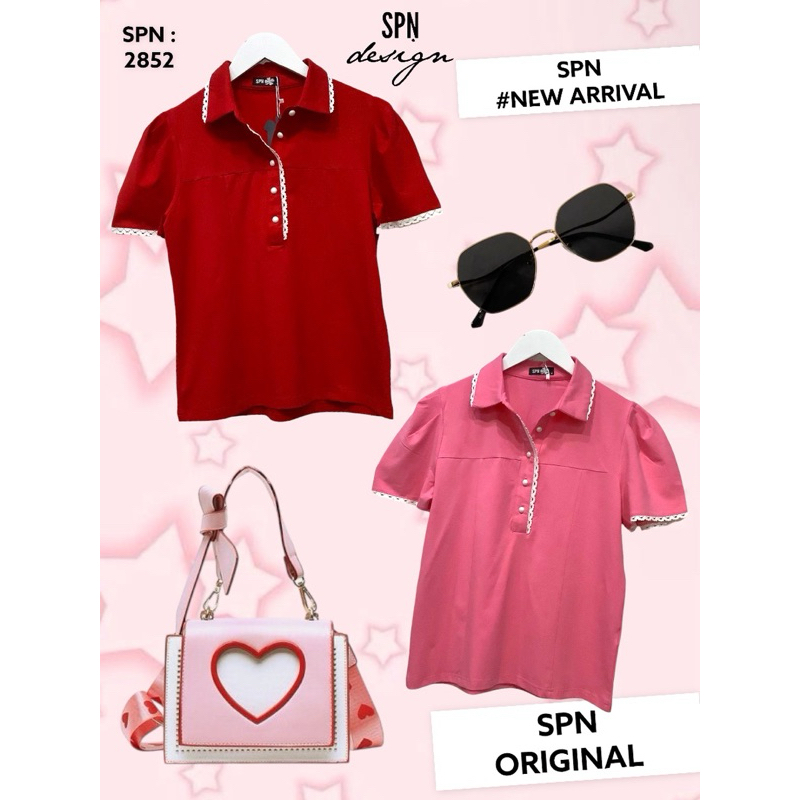 SPN 2852 เสื้อผ้ายืดคอปก ปลายแขนต่อลูกไม้ ความยาว 23”