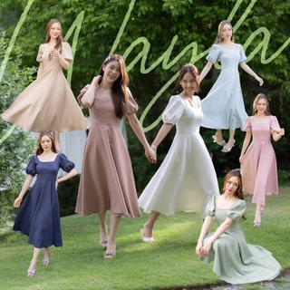 Wayla Belle (White/Primrose/Sandy/Sage/Rainy/Navy) - เดรสคอสี่เหลี่ยม กระโปรงทรงย้วย