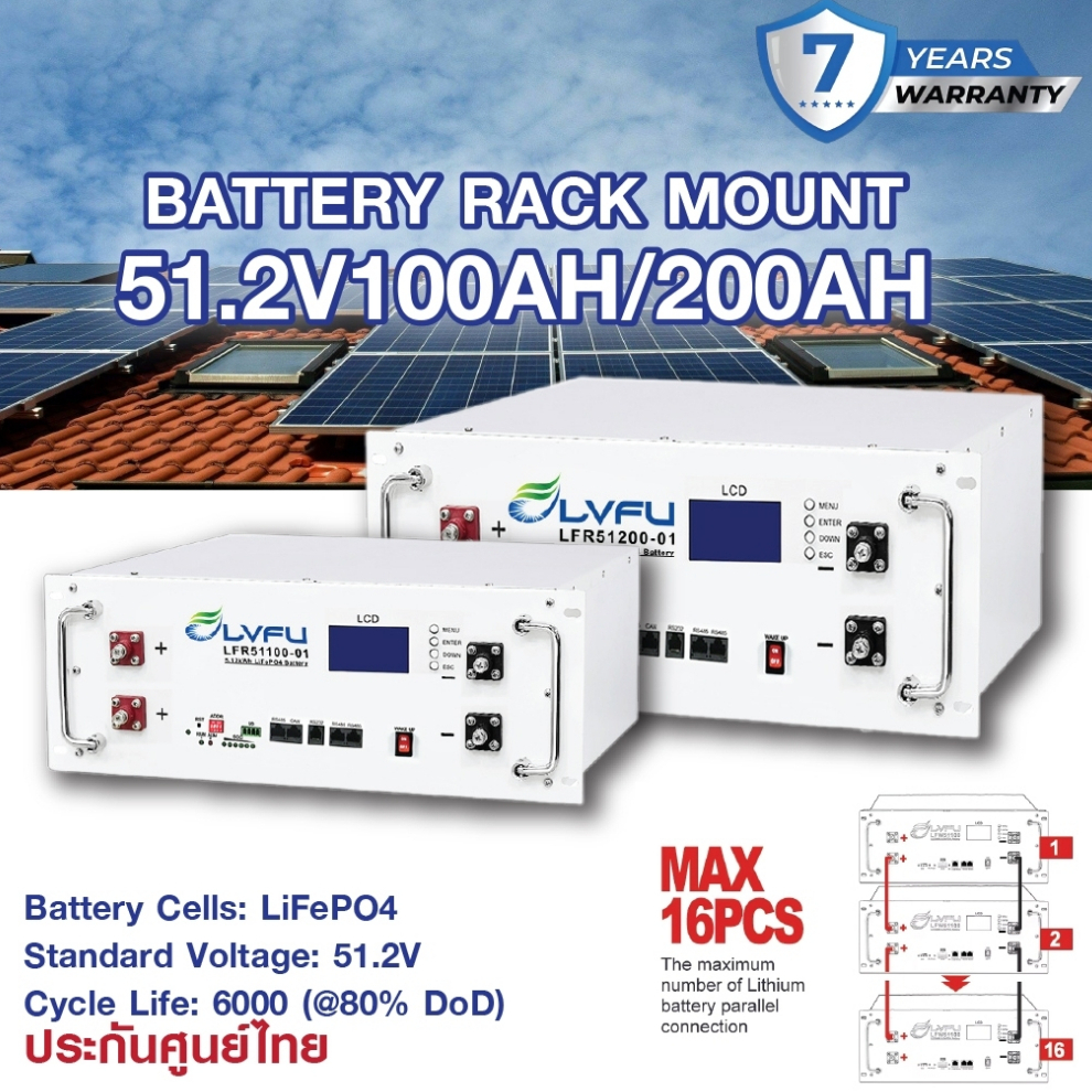 LVFU 51.2V 100AH / 200AH Mounted LiFePO4 battery แบตเตอรี่ สำหรับ Inverter ได้รับการรับรองมาตรฐาน CE