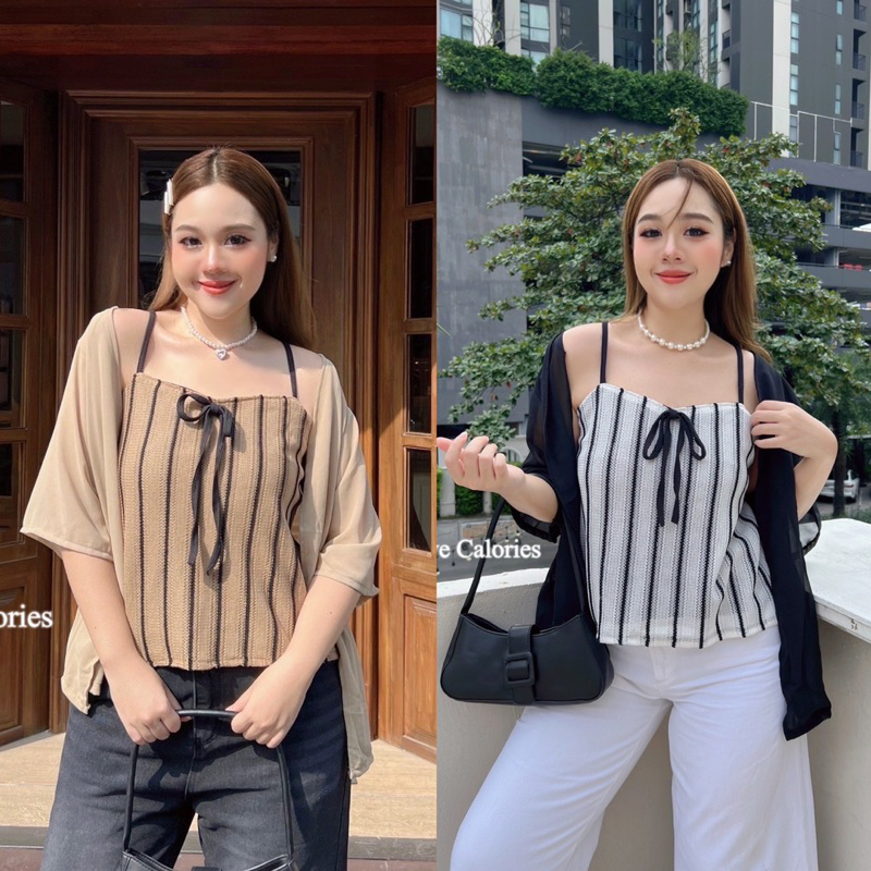 L เสื้อเซ็ต 2 ชิ้น สายเดี่ยวผ้าโครเช ลายทาง +เสื้อคลุมชีฟอง