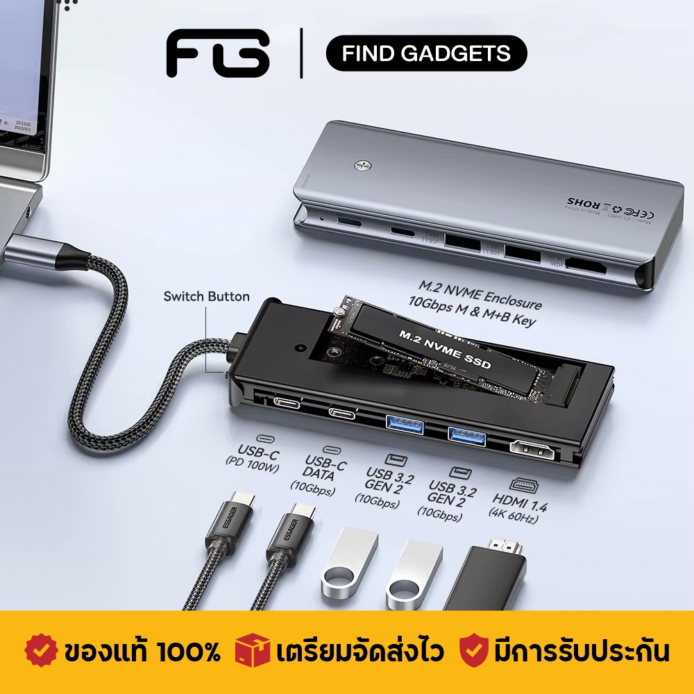 Essager 6/7-in-1 Docking Station ฮับตัวแปลง TYPE-C to USB HDMI SD/FT Card พร้อมช่องใส่ SSD ขยายพอร์ต