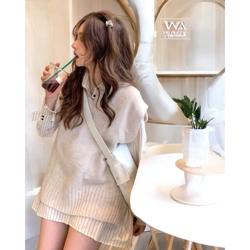 เดรสเชิ้ต ลายริ้ว + เสื้อไหมพรมคอวี V420