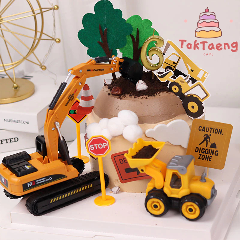 โมเดลรถดั้ม Dump truck รถของเล่น รถแม็คโคร เครนยก ตกแต่งเค้กวันเกิดตรีมรถก่อสร้าง