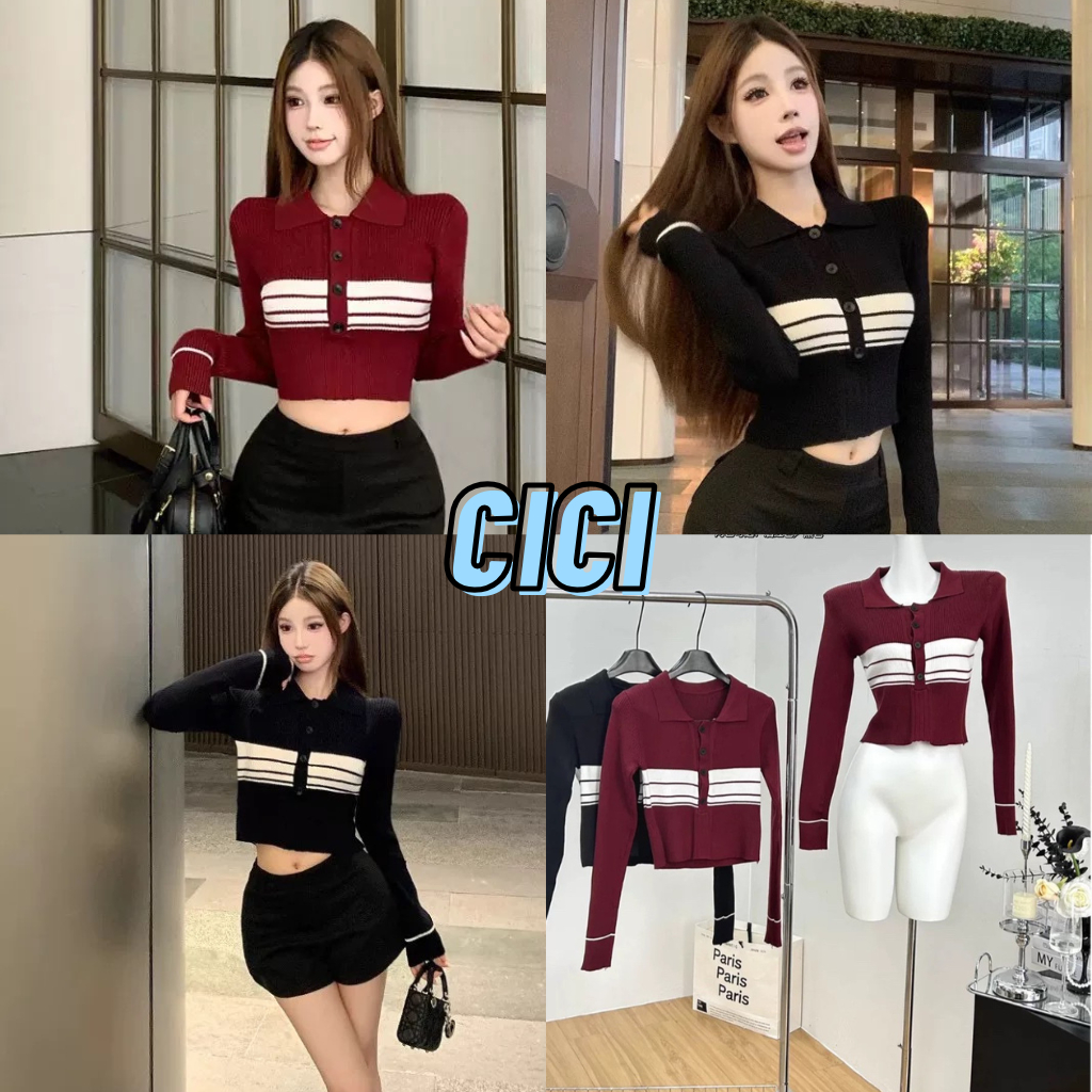 ส่งทันที Cici(NO. C1982)เสื้อครอปแขนยาวไหมพรมดีเทลกระดุมหน้า สสไตล์ชิคๆ