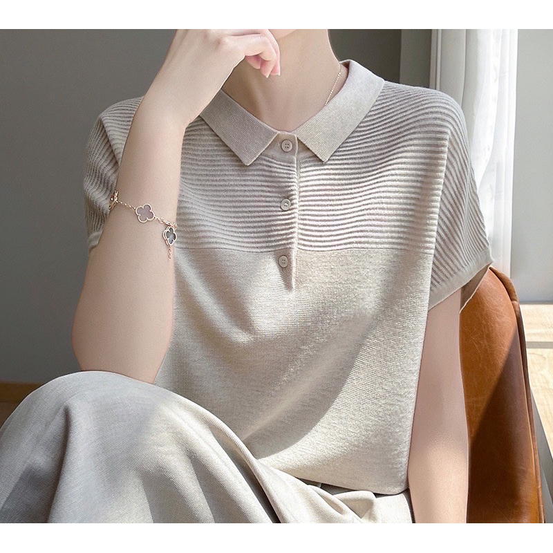 [HR-385] เสื้อคอปกแขนสั้น แต่งกระดุม ผ้าไหมพรม