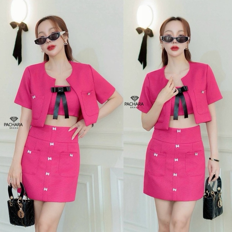 (01010SA) เซ็ต 3 ชิ้น เสื้อครอปแขนสั้นสีบานเย็น