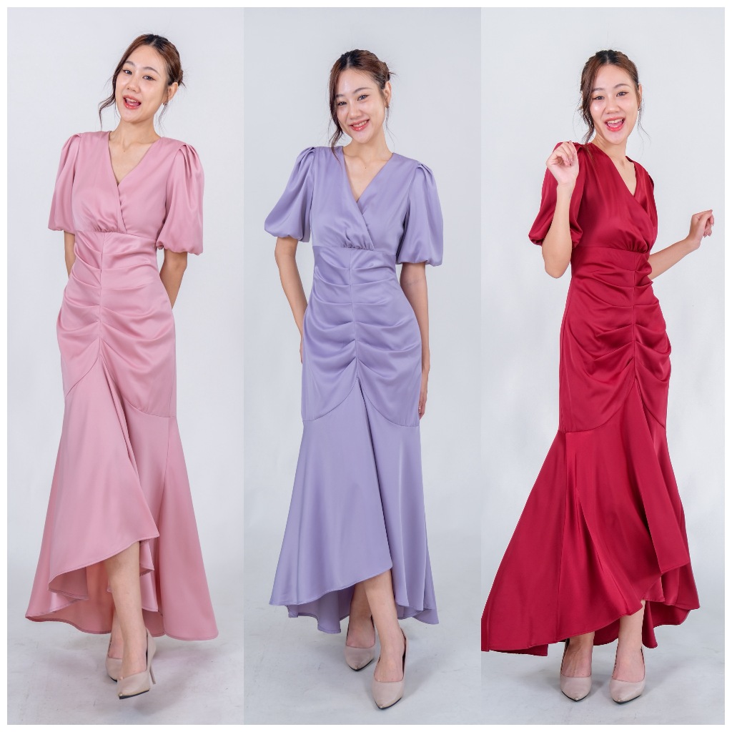 [LUXURY707] FN4211 : ชุดออกงาน ราตรียาว ทรงคอวี แขนพอง กระโปรงจีบชั้น ผ้าซาติน