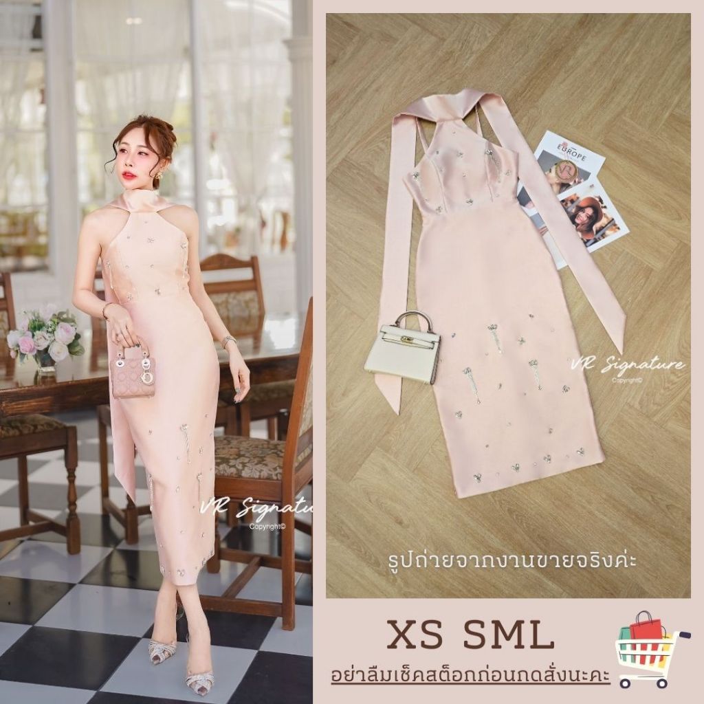 XS-L เดรสออกงานสีชมพูพีช แต่งเพชร งานป้าย VR Signature ชุดราตรี เดรสออกงานไม่โป๊ ชุดไปงาน