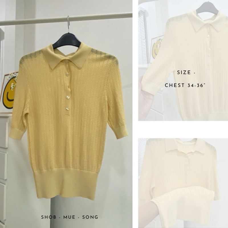 เสื้อ โปโล ผ้าฉลุ ผ้าลูกไม้ สีเหลือง มือสอง