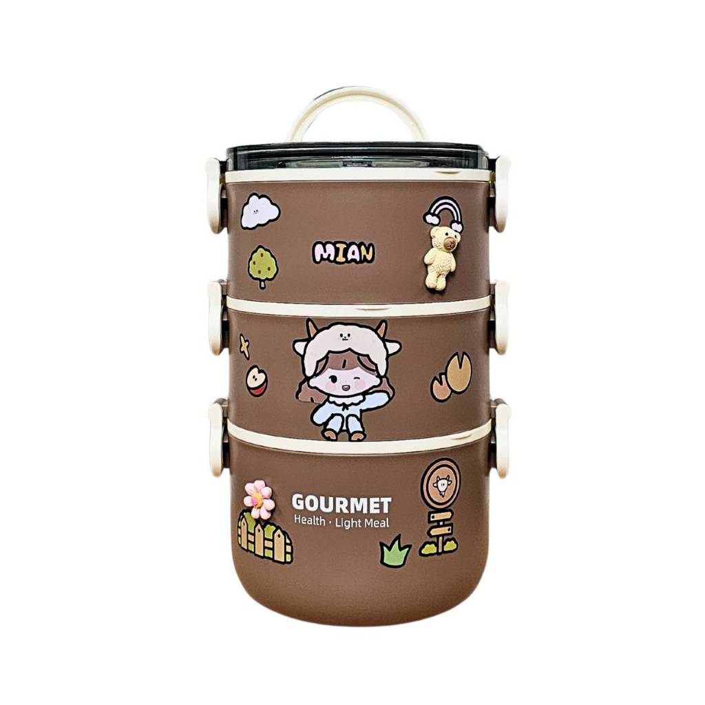 กล่องข้าว/ปิ่นโต Pinto 3 ชั้นใหญ่กลม สีเรียบ แถมสติ๊กเกอร์กับเรซิ่น diy